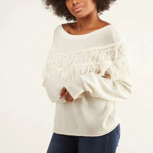 NATION LTD, New Kiki Fringed Ivory V-back Alpaca Oversized Sweater Size Small